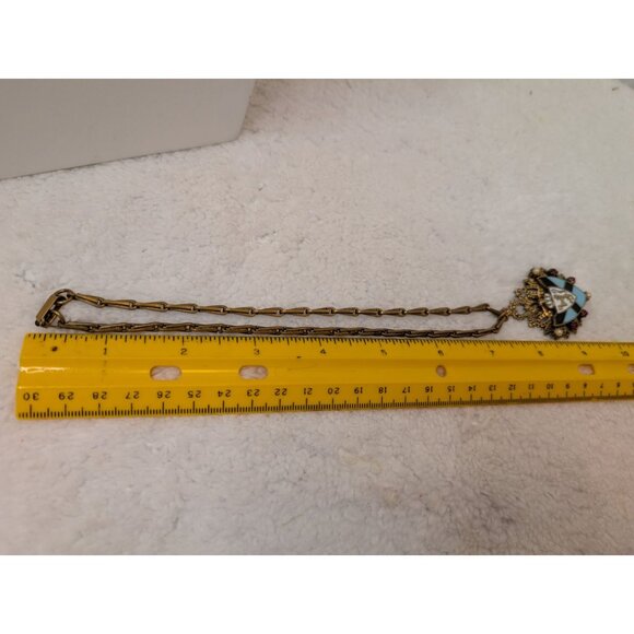 Vintage Brass Necklace Heraldic Shield Pendant W/ Lion Enamel & Rhinestones 15" - Picture 6 of 9